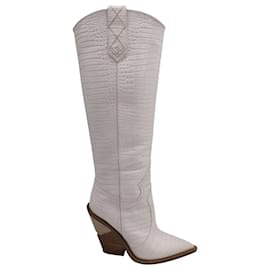 Fendi-Fendi Croc-Effect Knee-High Boots in White Leather-White,Cream