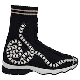 Fendi-Fendi Rockoko Pearly Beaded Knit Sock Sneakers in Black Nylon-Black