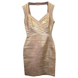 Herve Leger-Herve Leger Bandage Dress in Gold Rayon-Golden