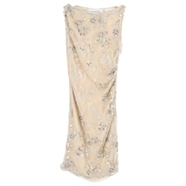 Valentino Garavani-Valentino Embellished Ruched Sleeveless Dress in Beige Floral Polyester Lace-White,Cream