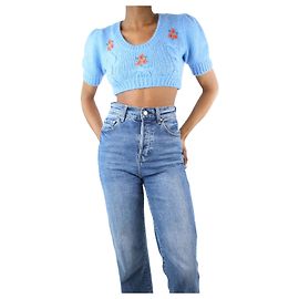 Alessandra Rich Pull court bleu en maille torsadée fleurie - taille UK 6 Bleu