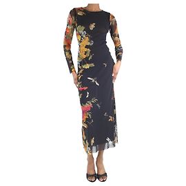 Jean Paul Gaultier Schwarzes Midikleid aus Netzstoff mit Blumenmuster – Größe S Schwarz