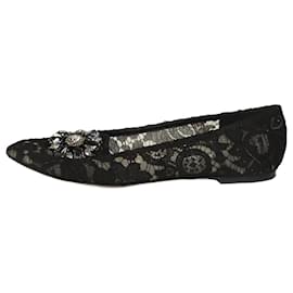 Dolce & Gabbana-Black lace bejewelled flats - size EU 41.5-Black