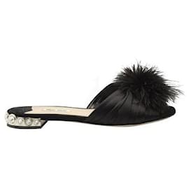 Miu Miu-Black Satin with Ostrich Feather Crystal Sandals-Black