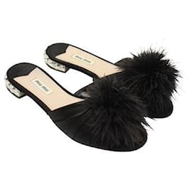 Miu Miu-Black Satin with Ostrich Feather Crystal Sandals-Black