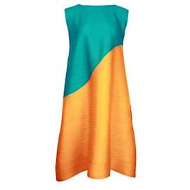 Pleats Please-Tunique plissée turquoise et orange/Robe-Multicolore