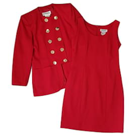 Yves Saint Laurent Veste rouge avec des boutons dorés et robe fourreau assortie YSL vintage 1994 Rouge