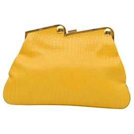 Just Cavalli-Just Cavalli Yellow Crocodile Pattern Folded Top Clutch Bag Handbag frame top-Yellow