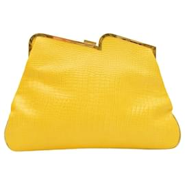 Just Cavalli-Bolsa de mão Just Cavalli amarela com padrão de crocodilo dobrado. Topo da moldura da bolsa.-Amarelo