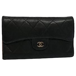Chanel-CHANEL Matelasse Long Wallet Lamb Skin Black CC Auth yk9490-Black