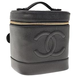 Chanel-CHANEL Vanity Cosmetic Pouch Caviar Skin Black CC Auth 65257A-Black