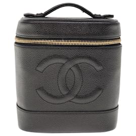 Chanel-CHANEL Vanity Trousse Cosmétique Caviar Skin Noir CC Auth 65257UNE-Noir