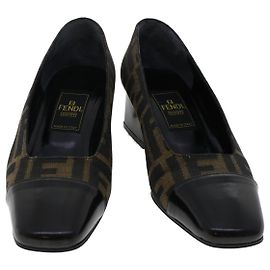 FENDI Zucca Canvas Pumps High Heels 34.5 Brown Black Auth ac2059 Brown Black