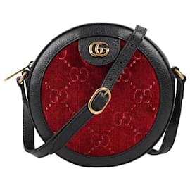 Gucci-GUCCI Velvet GG Monogram Bolso de hombro redondo de piel de becerro texturizada Rojo Cipria Negro 574978-Negro