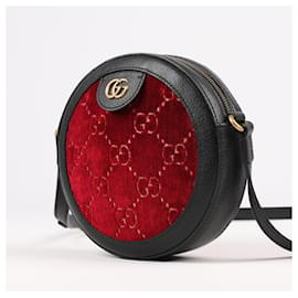 Gucci-GUCCI Velvet GG Monogram Sac à bandoulière rond en cuir de veau texturé Rouge Cipria Noir 574978-Noir