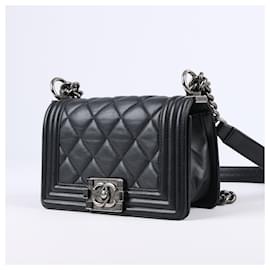 Chanel-CHANEL calf leather lined Stitch Small Boy Flap Black-Black