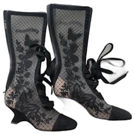 Dior-Naughtily-D wedge heel boot. Transparent mesh embroidered with a butterfly motif and black suede calf.-Black