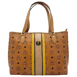 MCM-MCM Top Zip Shopper Bag Medium Shoulder Bag Stripe Handbag Logo-Cognac