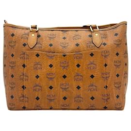 MCM-MCM Top Zip Shopper Bag Medium Shoulder Bag Stripe Handbag Logo-Cognac