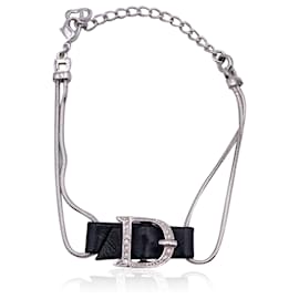 Christian Dior-Silver Metal D Buckle Crystals Logo Bracelet-Silvery