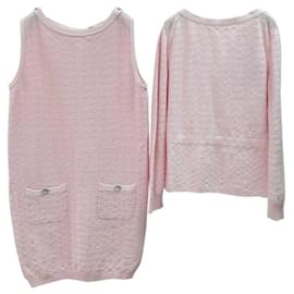 Chanel-CHANEL 2014 Pink Cotton Dress Cardigan Suit Set-Pink