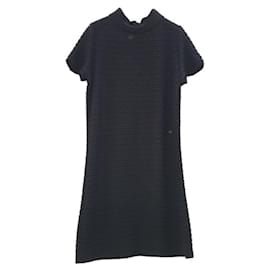 Chanel-CHANEL Black CC Logo Button Boat Neck A-line Knit Mini Dress-Black