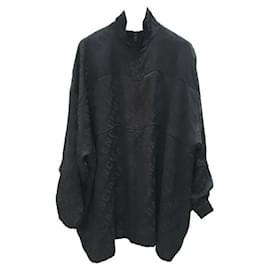 Balenciaga-Balenciaga Black Logo Print Silk Long Sleeve Top Blouse Vest Jacket-Black