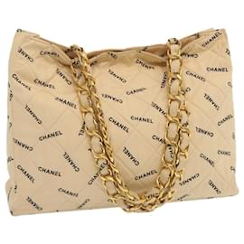 Chanel-CHANEL Chain Tote Bag Canvas Beige CC Auth 69057A-Beige