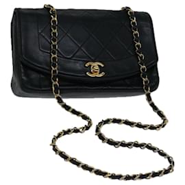 Chanel-CHANEL Diana Matelasse Bolso de hombro con cadena Piel de cordero Negro CC Auth 69061UNA-Negro