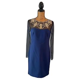 Marchesa-Vestido de seda azul escuro com bordado dourado-Azul,Dourado