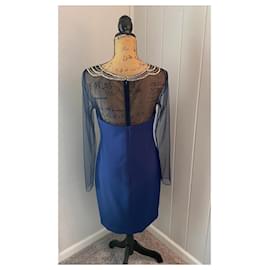 Marchesa-Dark blue silk dress with golden embroidery-Blue,Golden