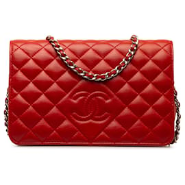 Chanel-Portafoglio Chanel in pelle di agnello Red Diamond CC con catena-Rosso