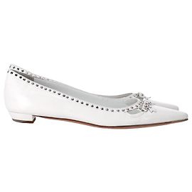 Prada Studded Pointed-Toe Ballet Flats in White Leather White