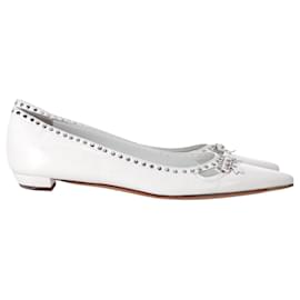 Prada-Prada Studded Pointed-Toe Ballet Flats in White Leather-White
