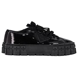 Prada-Mit Prada gefütterter Wheel Plateau-Sneaker in schwarzen Pailletten-Schwarz