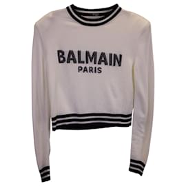 Balmain-Felpa cropped con logo Balmain in lana bianca-Bianco