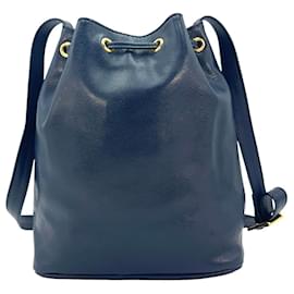 MCM-MCM Vintage Leather Bucket Drawstring Shoulder Bag Dark Blue-Dark blue