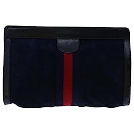 Gucci-GUCCI Sherry Line Clutch Bag Suede Navy Red Auth th4726-Red,Navy blue