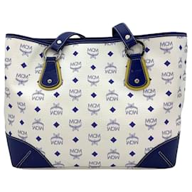 MCM-MCM Visetos Shopper Bag Shoulder Bag White Blue Handbag Medium-Eggshell