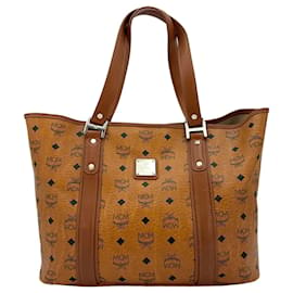 MCM-Sac à provisions MCM, sac à bandoulière, sac cognac marron avec logo imprimé, sac à main.-Cognac