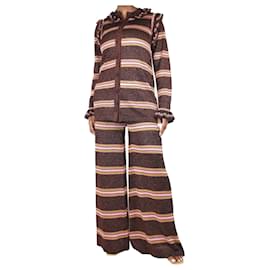 Autre Marque-Brown shimmer striped frill cardigan and trousers set - size L-Brown