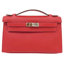 Hermès-NEW HERMES POCHETTE KELLY MINI HANDBAG RED EPSOM LEATHER RED PURSE HAND BAG-Red