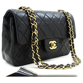 Chanel-Aba forrada Chanel Classic 9"Bolsa de Ombro em Corrente Pele de Cordeiro Preta-Preto