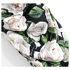 Dolce & Gabbana-Dolce & Gabbana White Rose Silk Ruched Strap Dress-White