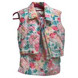 Chanel-Chaleco y falda vintage de Chanel acolchados con estampado floral.-Multicolor,Crudo,Coral,Melocotón,Turquesa
