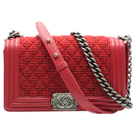 Chanel-Bolsa Chanel Vermelha Acolchoada Tweed Pele de Cordeiro Velha Média-Vermelho