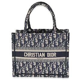 Christian Dior-Christian Dior Ecru Blue Dior Oblique Small Book Tote-Blue,Beige