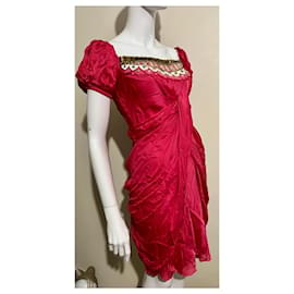 Temperley London-Abito mini in seta drappeggiata con decorazioni metalliche-Rosa,Rosso