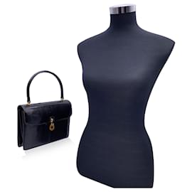 Gucci-Vintage Black Leather Lucite Detail Handbag Satchel-Black