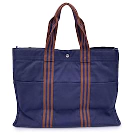 Hermès-Hermes Paris Vintage Azul e Marrom Canvas Fourre Tout GM Bag Tote-Azul